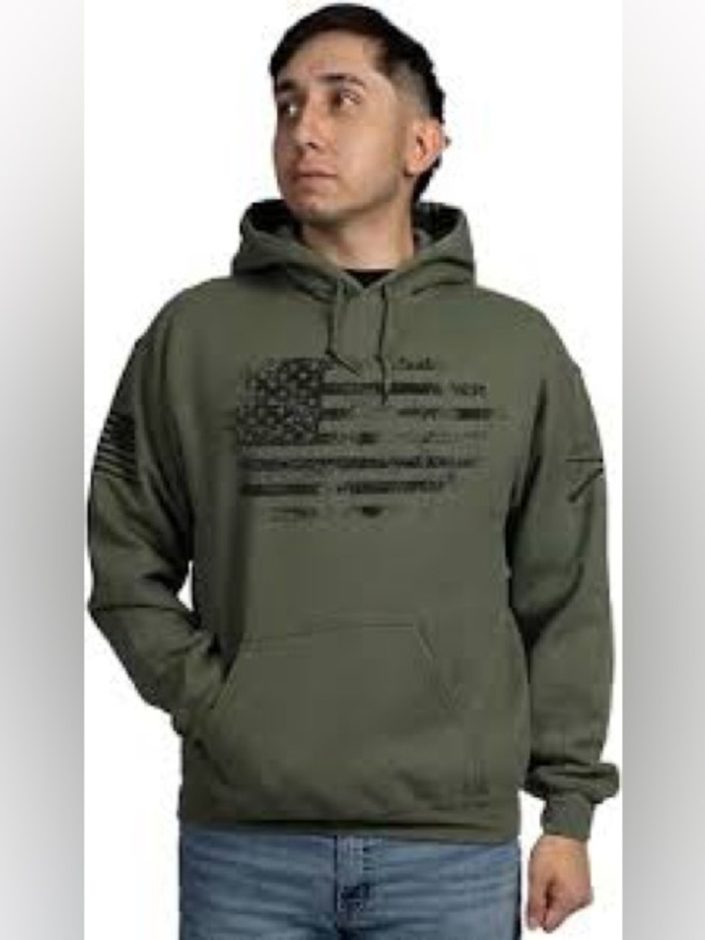 Grunt Style Olive Green Hoodie with Distressed Flag Graphic